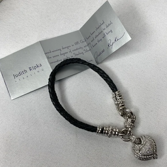 Judith Ripka braided leather cord heart bracelet, sterling silver - Picture 2 of 5